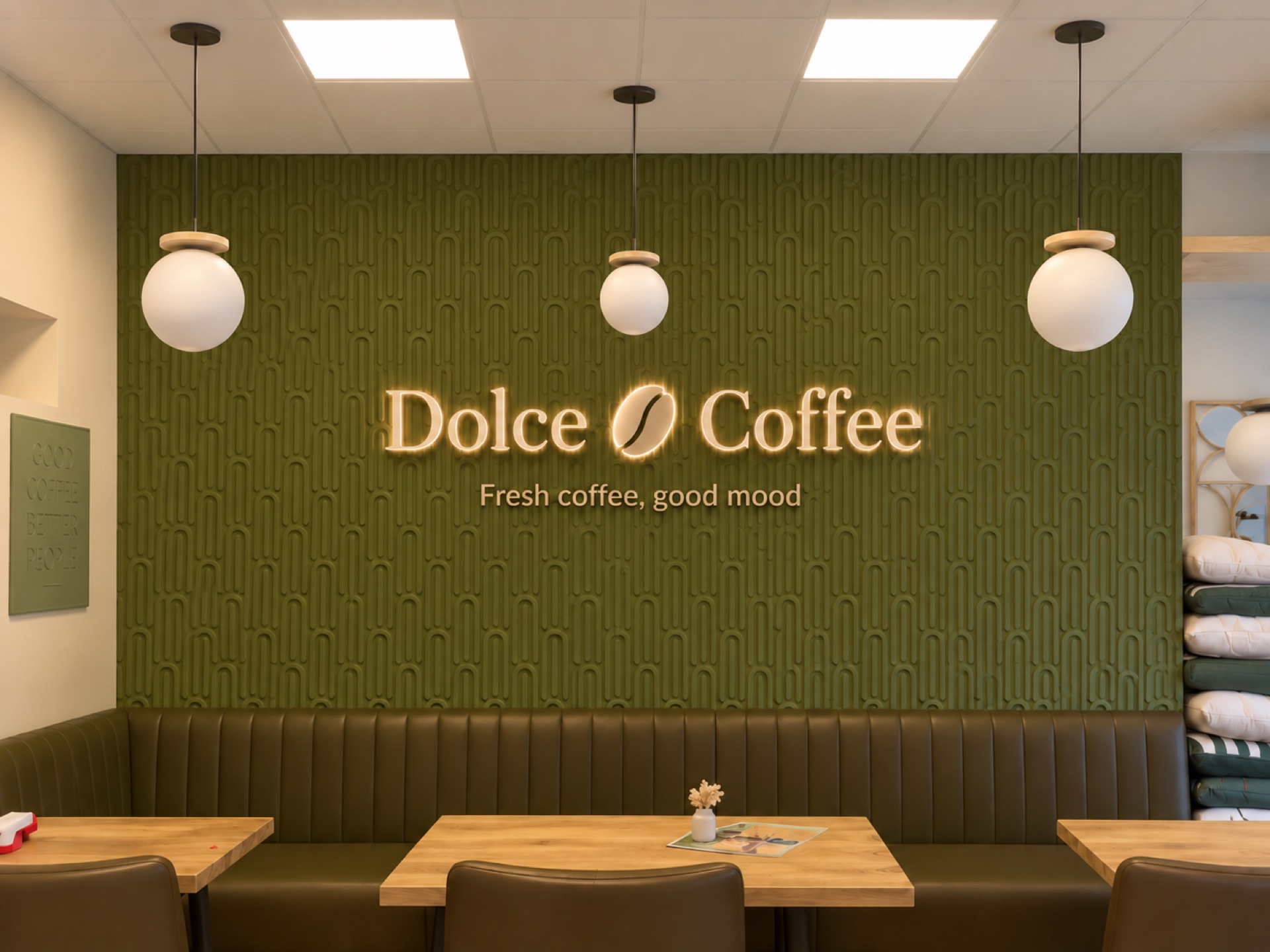 Enseigne lumineuse Dolce Coffee en intérieur
