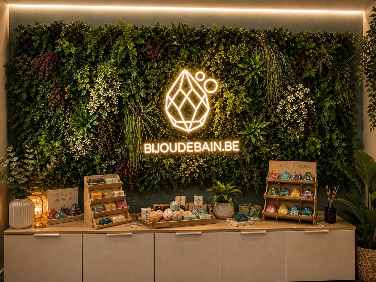 Logo lumineux Bijou de Bain intégré dans un mur végétal